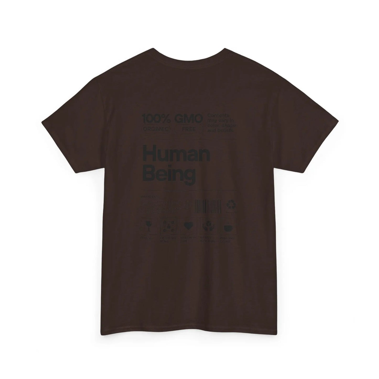 Schwarzes Bio-T-Shirt „Human Being“-Design, Rückseite mit schwarzem Druck.