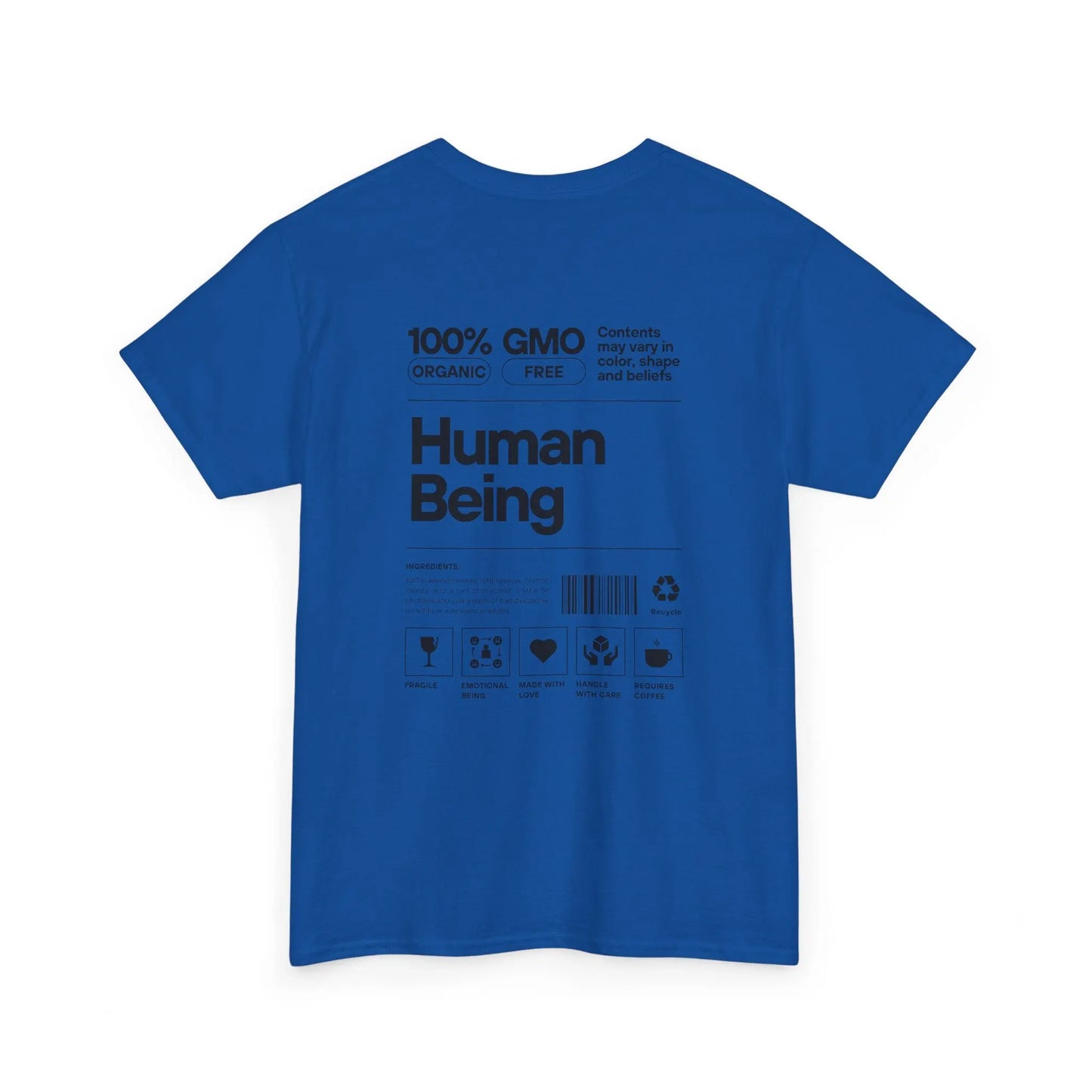 Blaues T-Shirt Rückseite – Rückseite des T-Shirts mit dem gleichen Design in Schwarz.