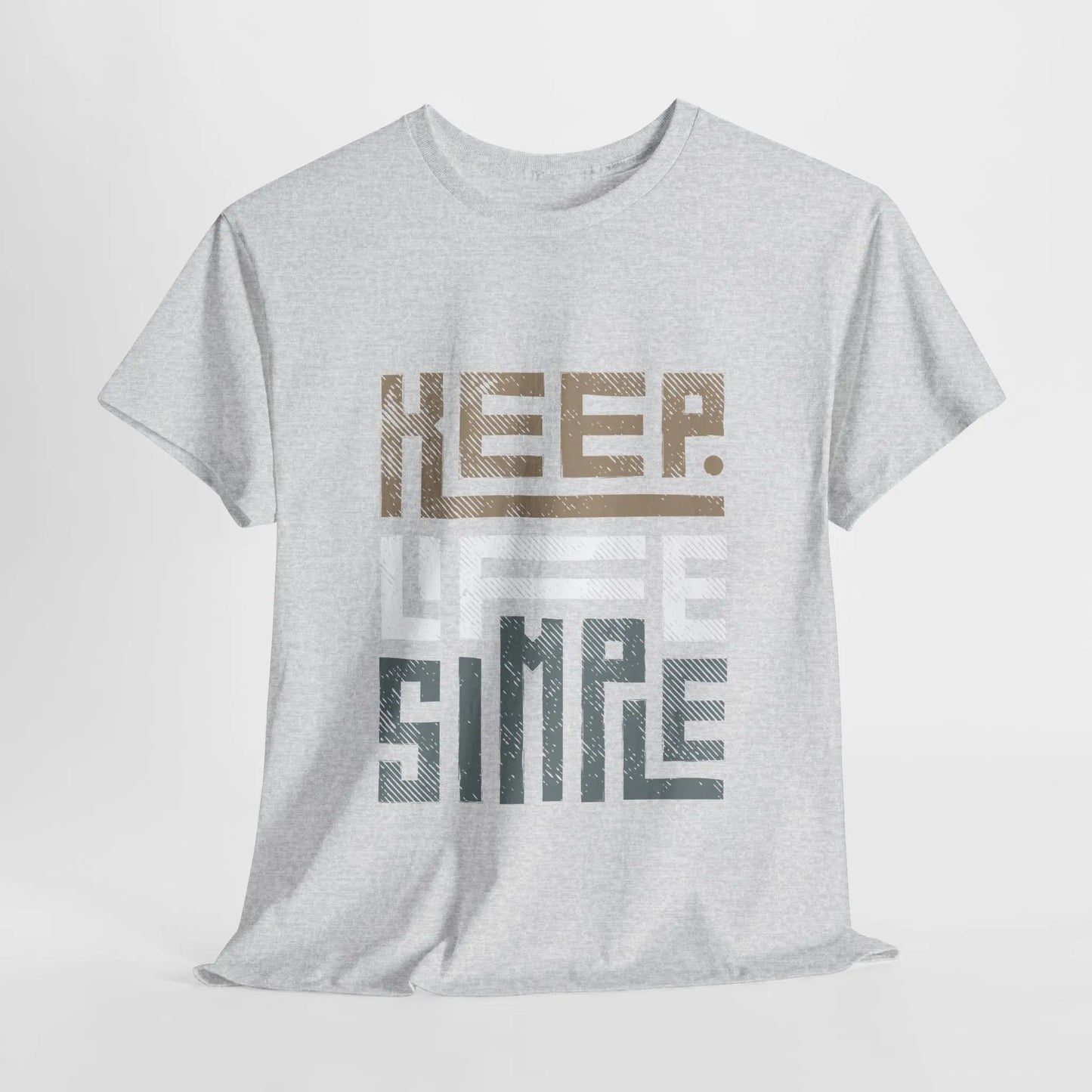Hellgraues "Keep Life Simple" T-Shirt flach ausgelegt mit stilisiertem Schriftzug.