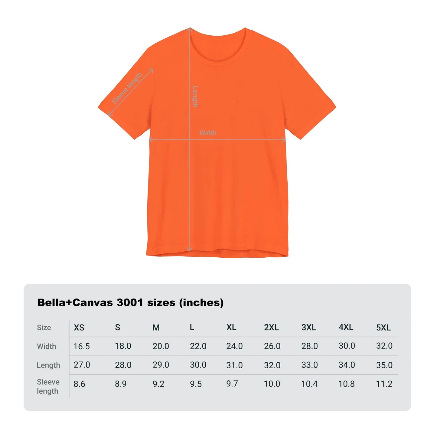 Größentabelle für Bella+Canvas 3001 Unisex Jersey T-Shirt