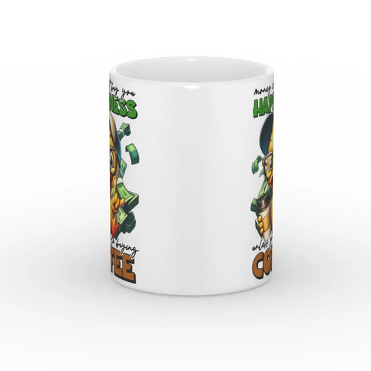 Seitenansicht einer weißen Keramiktasse mit dezentem Fokus auf das durchgehende Design mit der gelben Ente und dem Text „Happiness“ sowie „Coffee“.