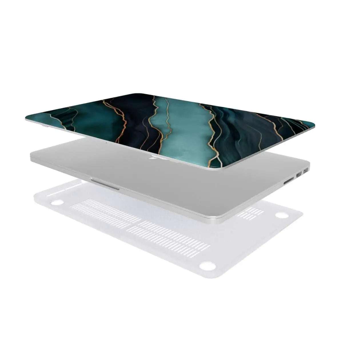 Explosionsansicht der MacBook Hülle mit Marmor-Design – Schutz und Belüftung