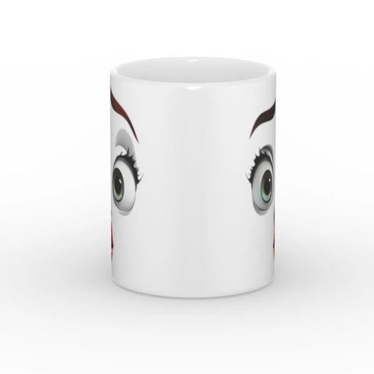 Ansicht der Tasse von vorne, zeigt das lustige, erstaunte Gesicht mit großen Augen und roten Lippen.