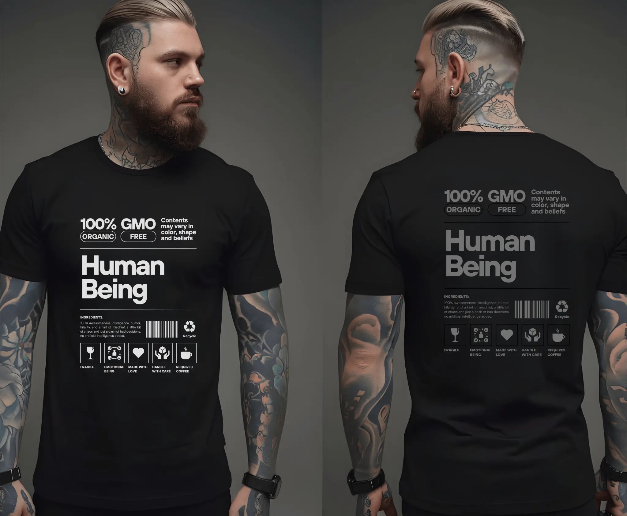 Mann mit Bart und Tattoos trägt schwarzes Bio-T-Shirt „Human Being“-Design mit weißem Druck.