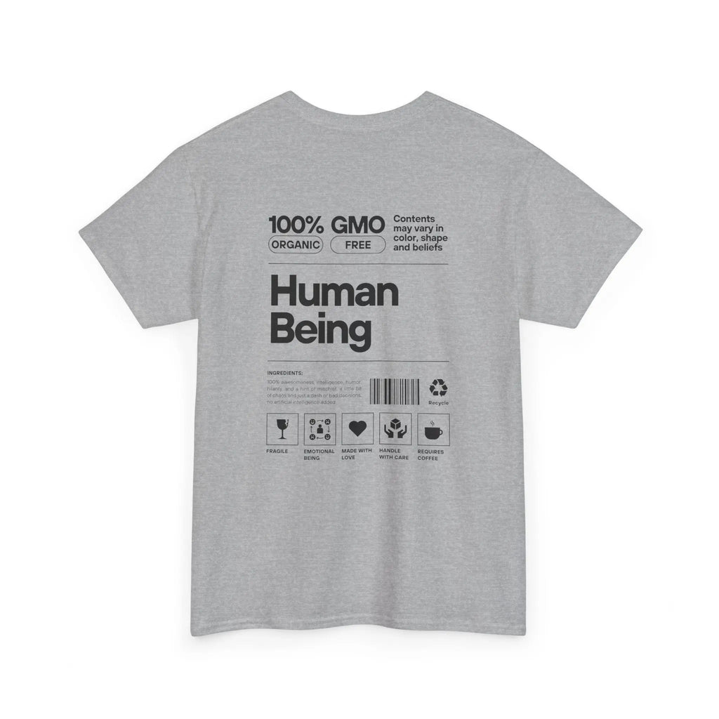 Graues Bio-T-Shirt „Human Being“-Design, Rückseite mit schwarzem Druck.