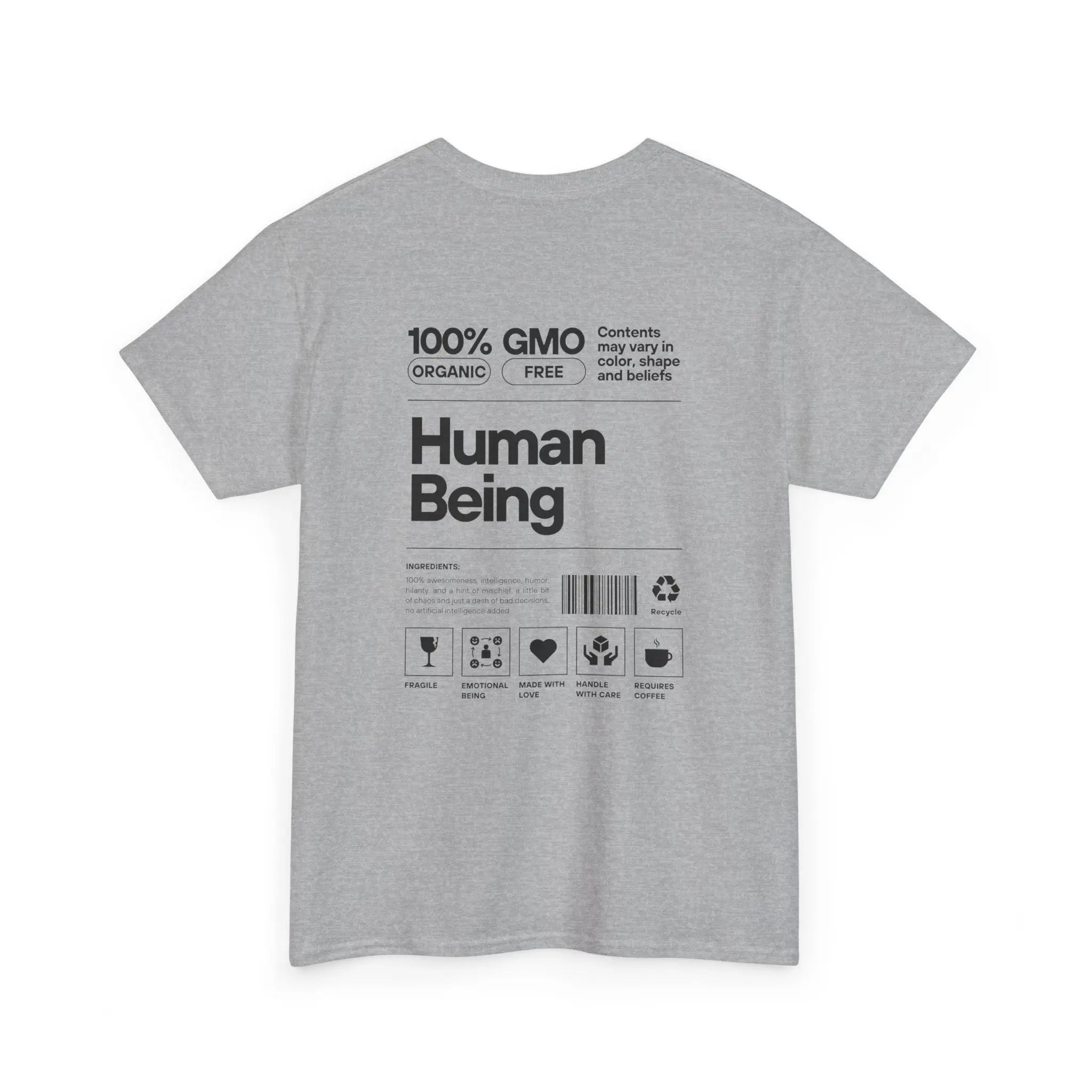 Graues Bio-T-Shirt „Human Being“-Design, Rückseite mit schwarzem Druck.