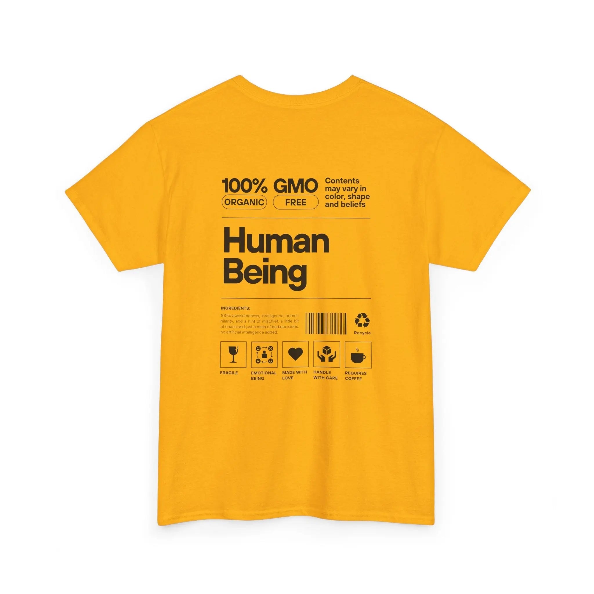 Gelbes Bio-T-Shirt „Human Being“-Design, Rückseite mit schwarzem Druck