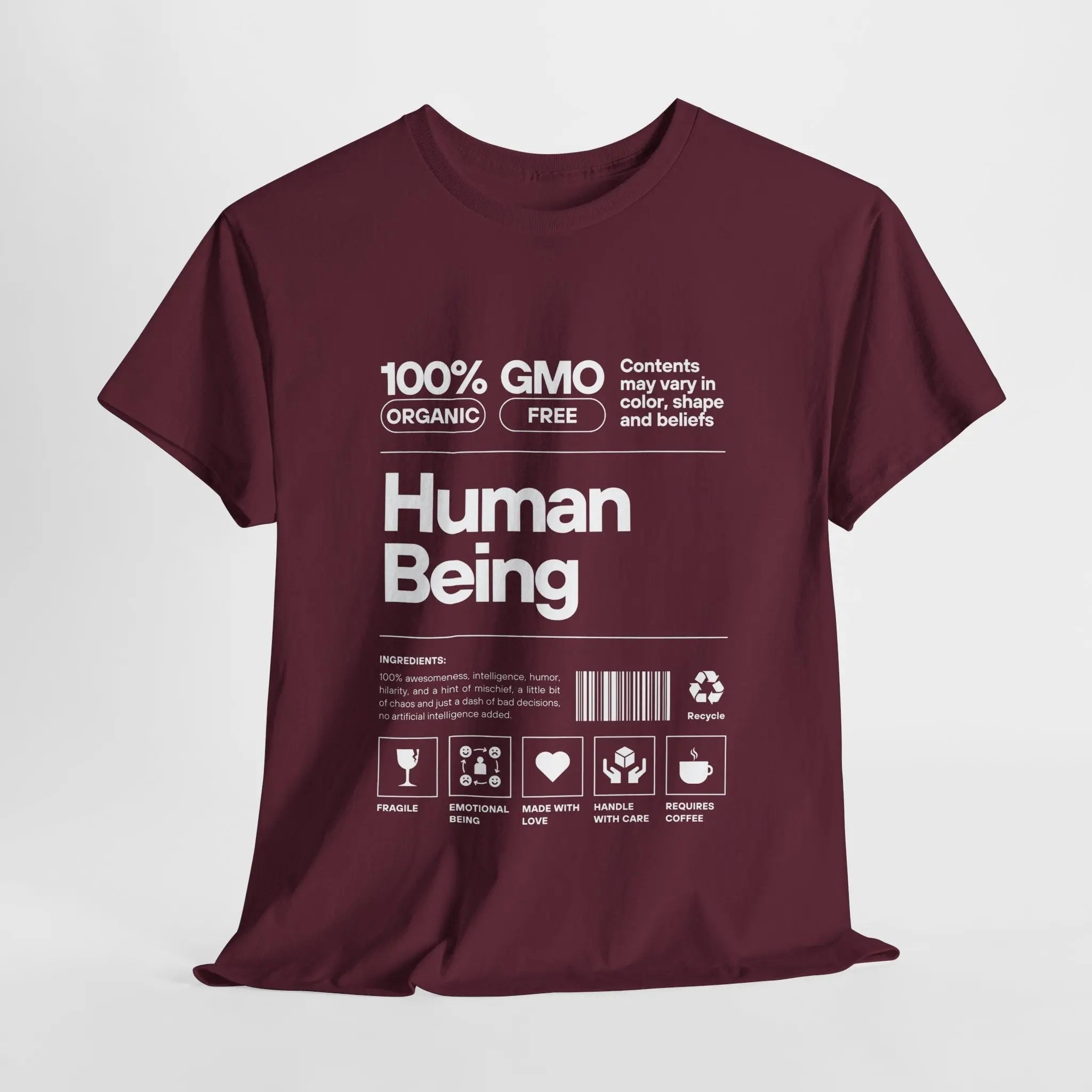 Bordeauxrotes Bio-T-Shirt „Human Being“-Design mit weißem Druck, flach liegend
