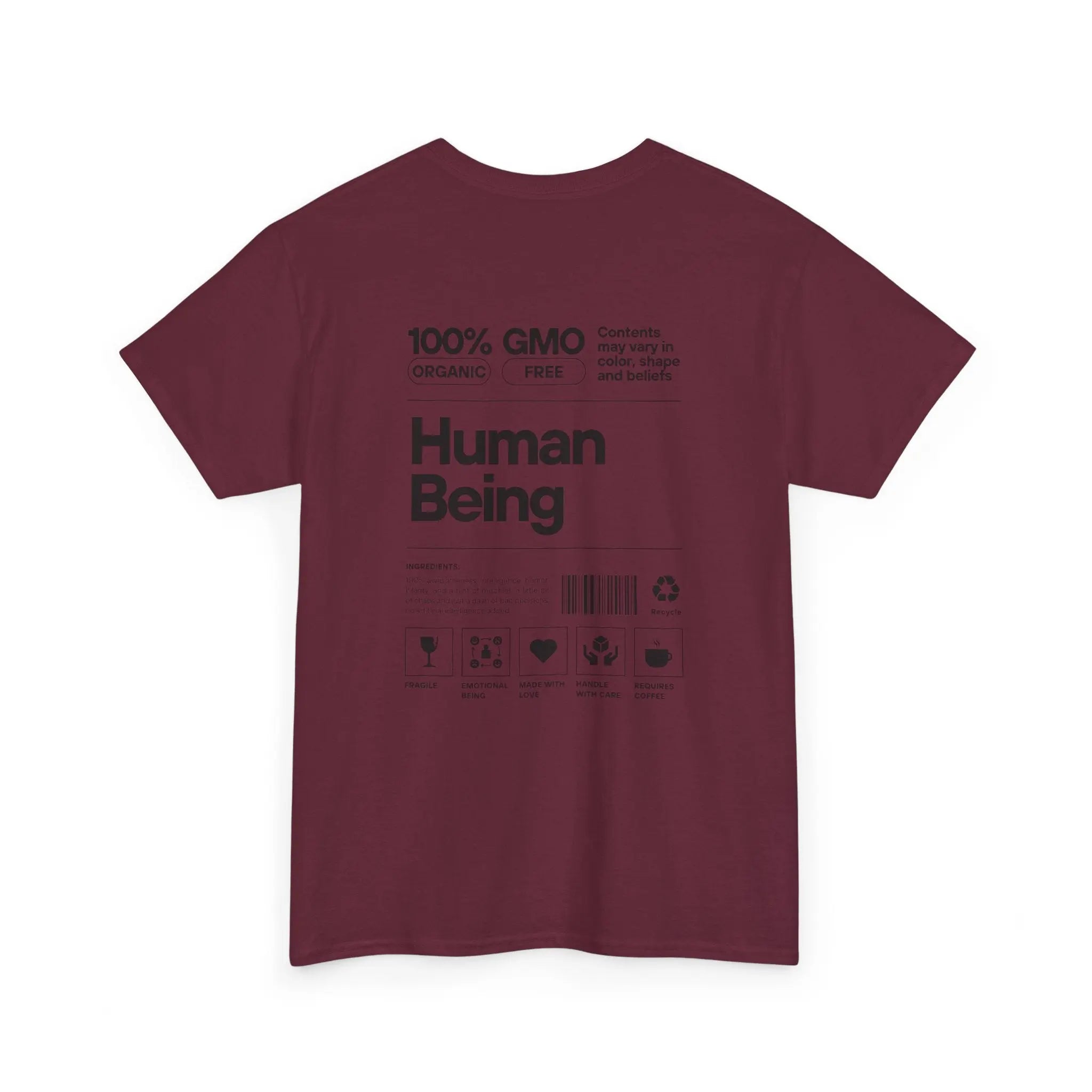 Bordeauxrotes Bio-T-Shirt „Human Being“-Design, Rückseite mit schwarzem Druck