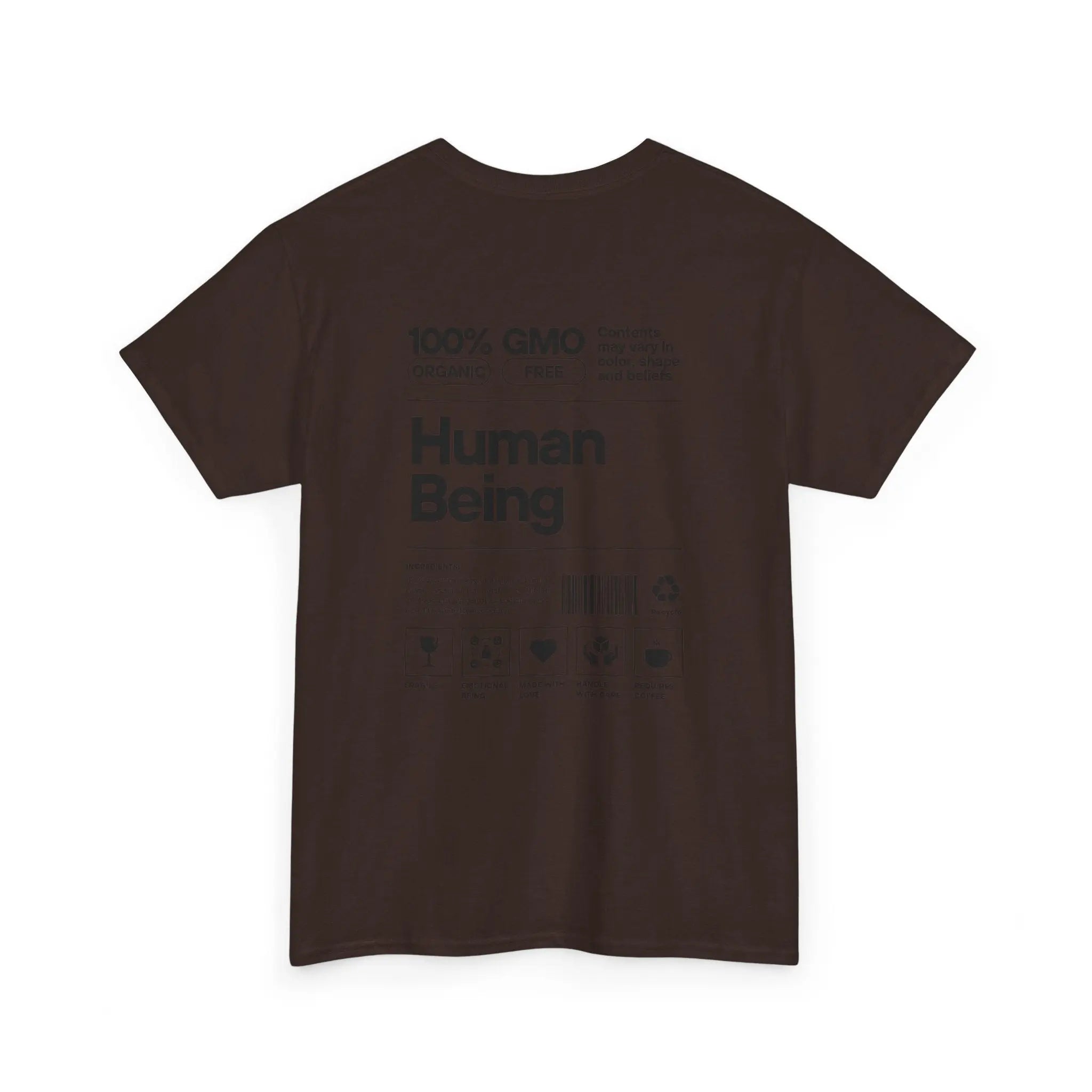 Schwarzes Bio-T-Shirt „Human Being“-Design, Rückseite mit schwarzem Druck.