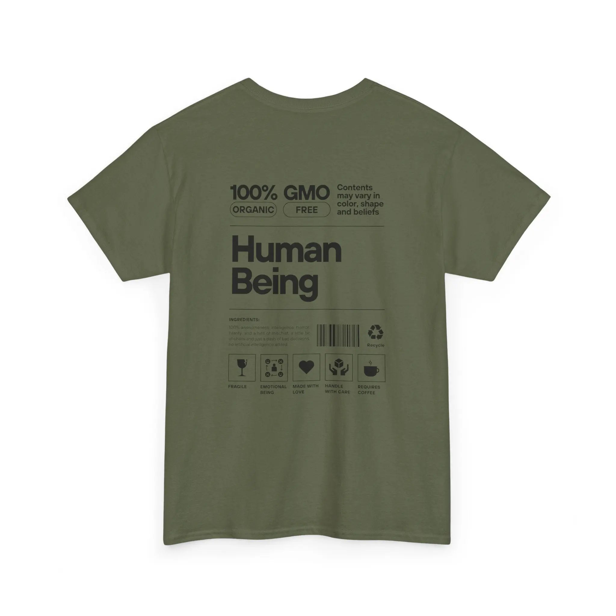 Olivgrünes Bio-T-Shirt „Human Being“-Design, Rückseite mit schwarzem Druck.