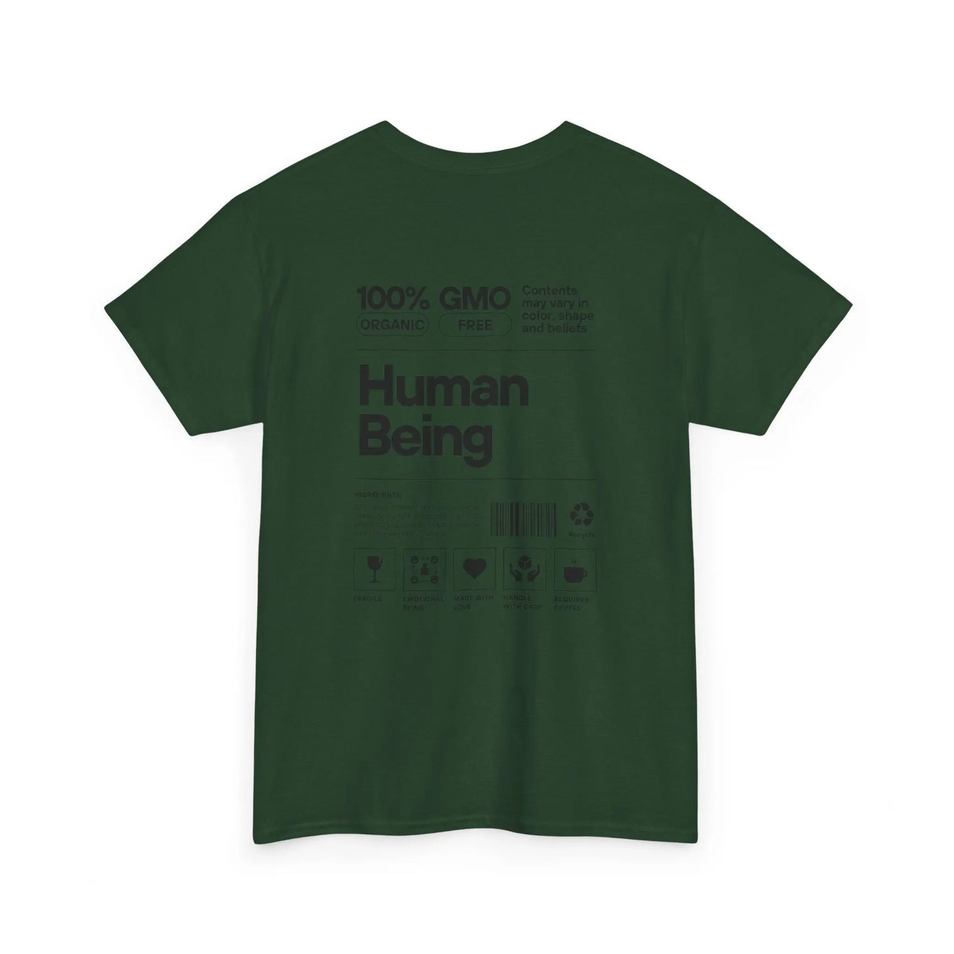Dunkelgrünes Bio-T-Shirt „Human Being“-Design, Rückseite mit schwarzem Druck.