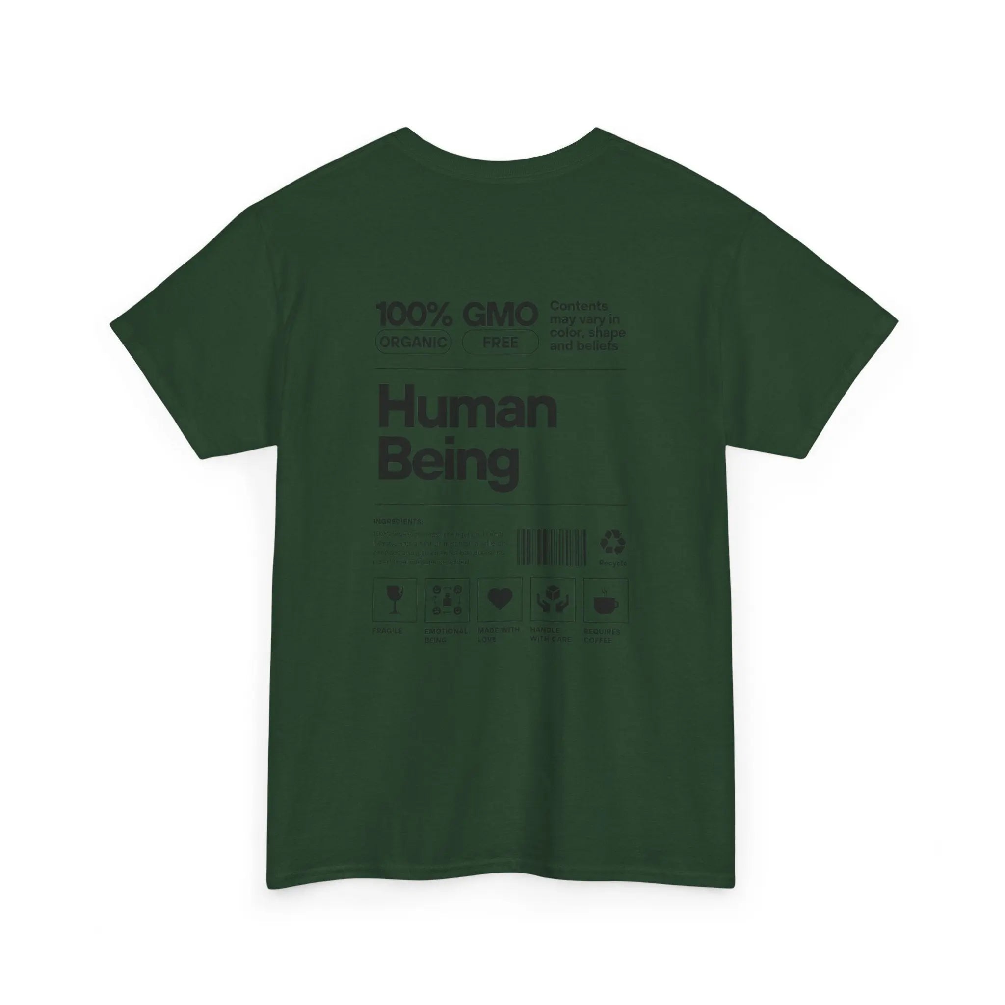 Dunkelgrünes Bio-T-Shirt „Human Being“-Design, Rückseite mit schwarzem Druck.
