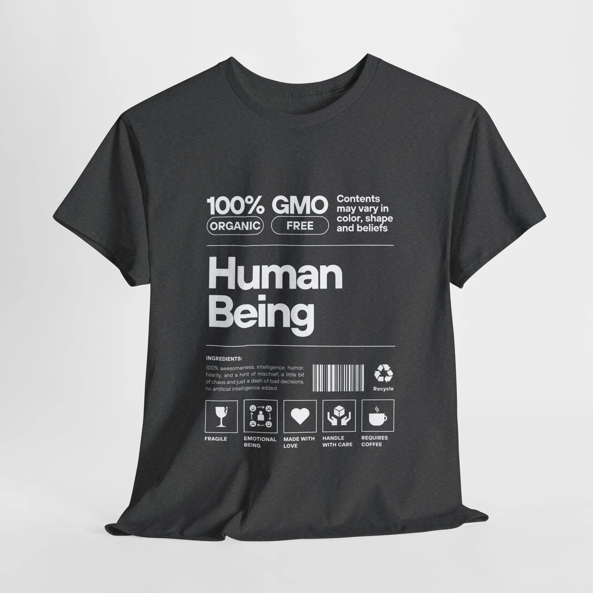 Graues T-Shirt Vorderseite – Design mit "Human Being" Aufdruck in Weiß