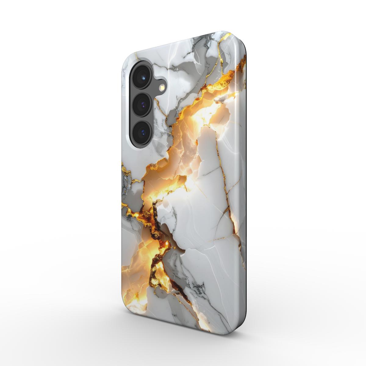 golden-fracture-handyhuelle-3d-ansicht – Stoßfeste Marmor-Handyhülle mit goldenem Rissdesign in realistischer 3D-Darstellung.