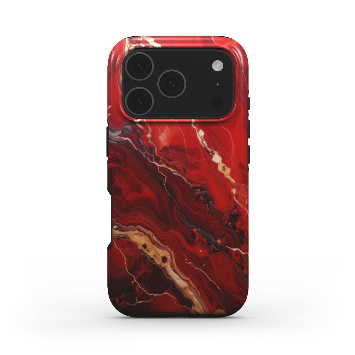Red Fusion stoßfeste Handyhülle – Rückseite im roten Marmor-Design