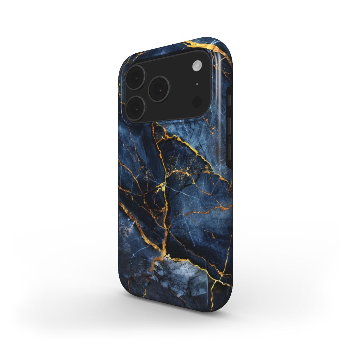 Dunkelblau & Gold MagSafe Handyhülle – dunkelblau-goldenes Luxusmarmormuster – iPhone Seitenansicht