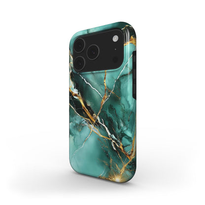 Grün & Gold MagSafe Handyhülle – grün-goldenes Marmormuster mit edlen Goldadern – iPhone Seitenansicht