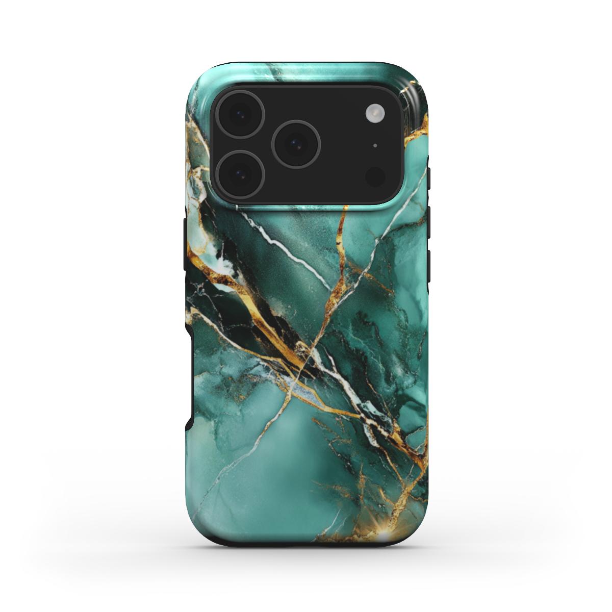 Grün & Gold MagSafe Handyhülle – Rückseite im Grün & Gold Marmordesign – iPhone Rückansicht