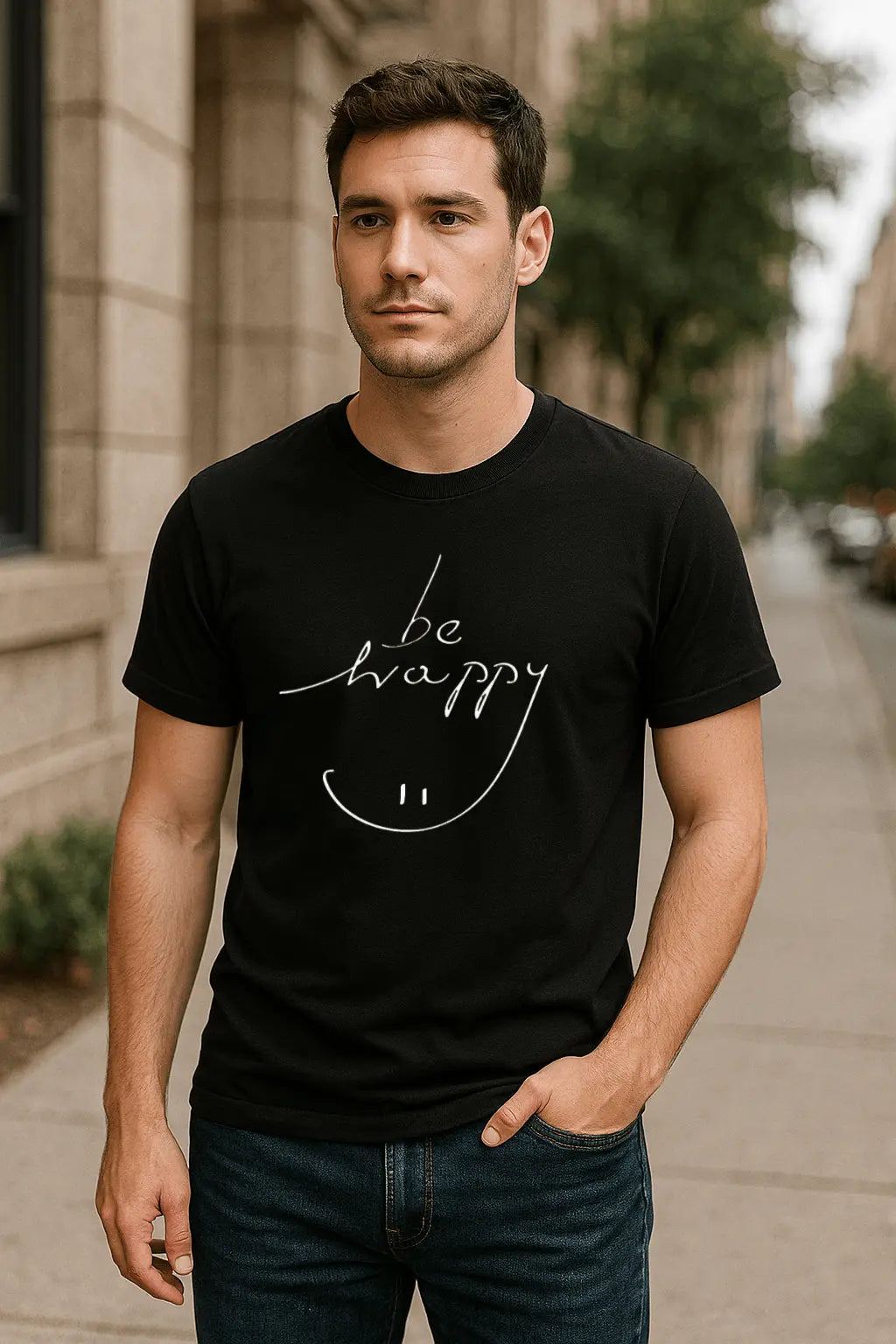„Be Happy“ T-Shirt mit Smiley – Schwarzes Unisex Shirt mit positiver Botschaft - ElmunoT-Shirt