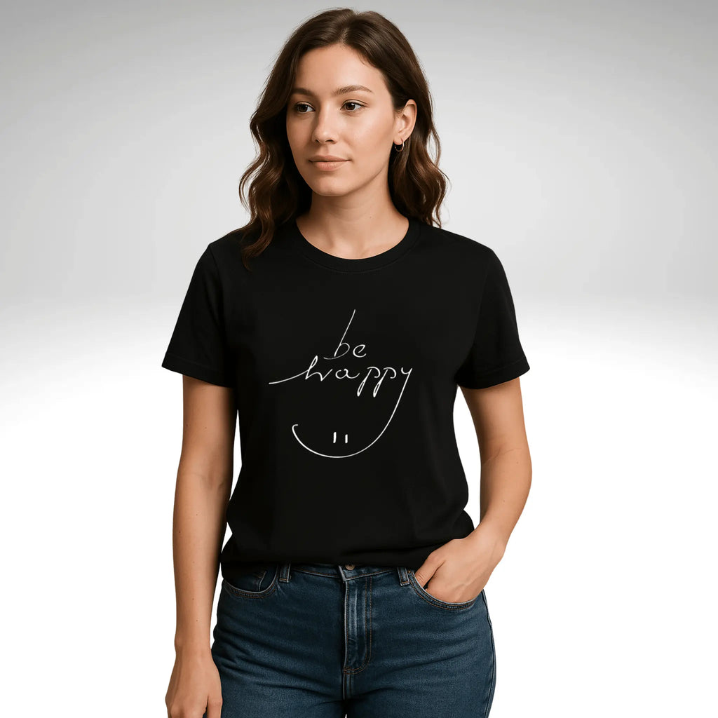 „Be Happy“ T-Shirt mit Smiley – Schwarzes Unisex Shirt mit positiver Botschaft - ElmunoT-Shirt