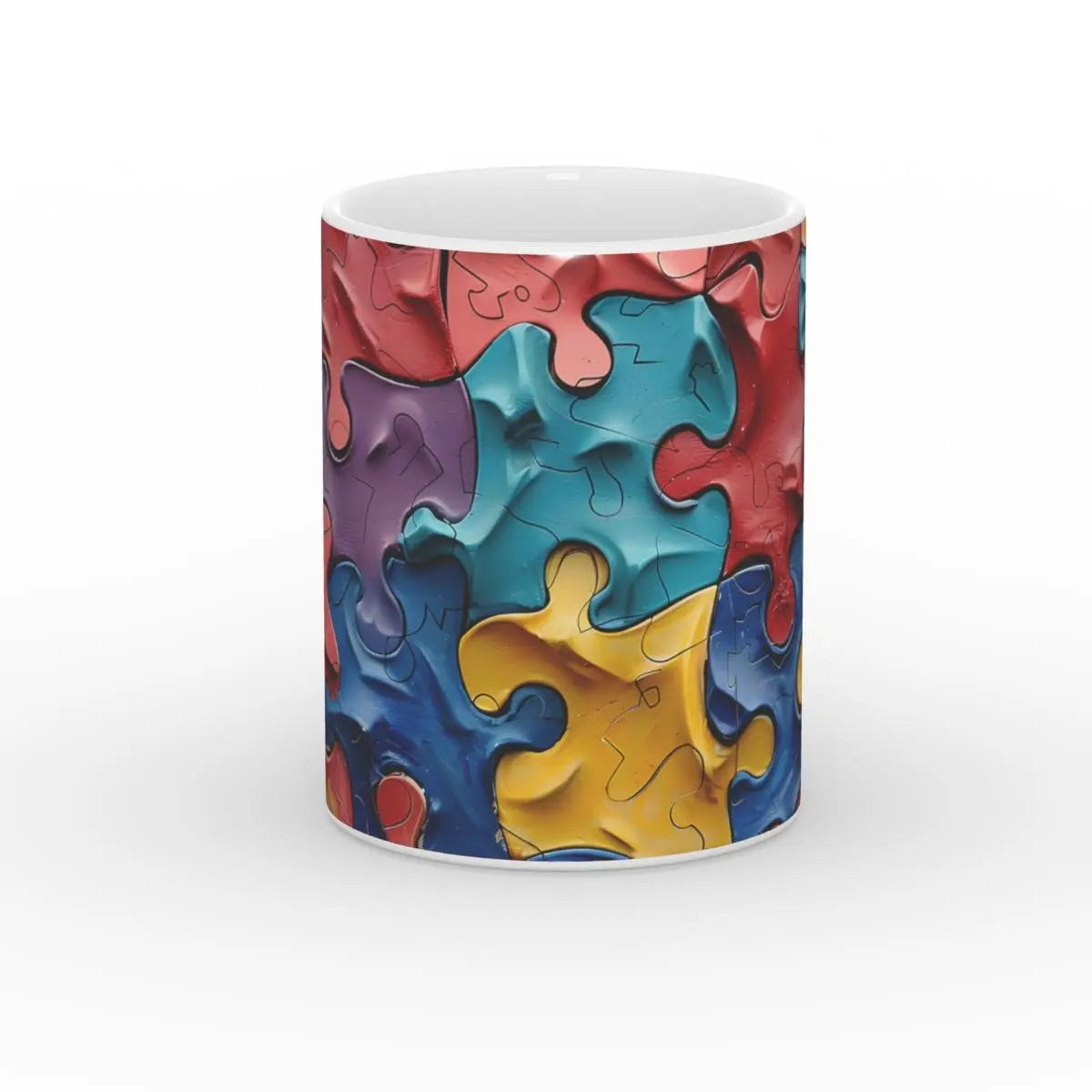Detailansicht der Puzzle-Kaffeetasse mit lebendigen Farben und realistischem Muster