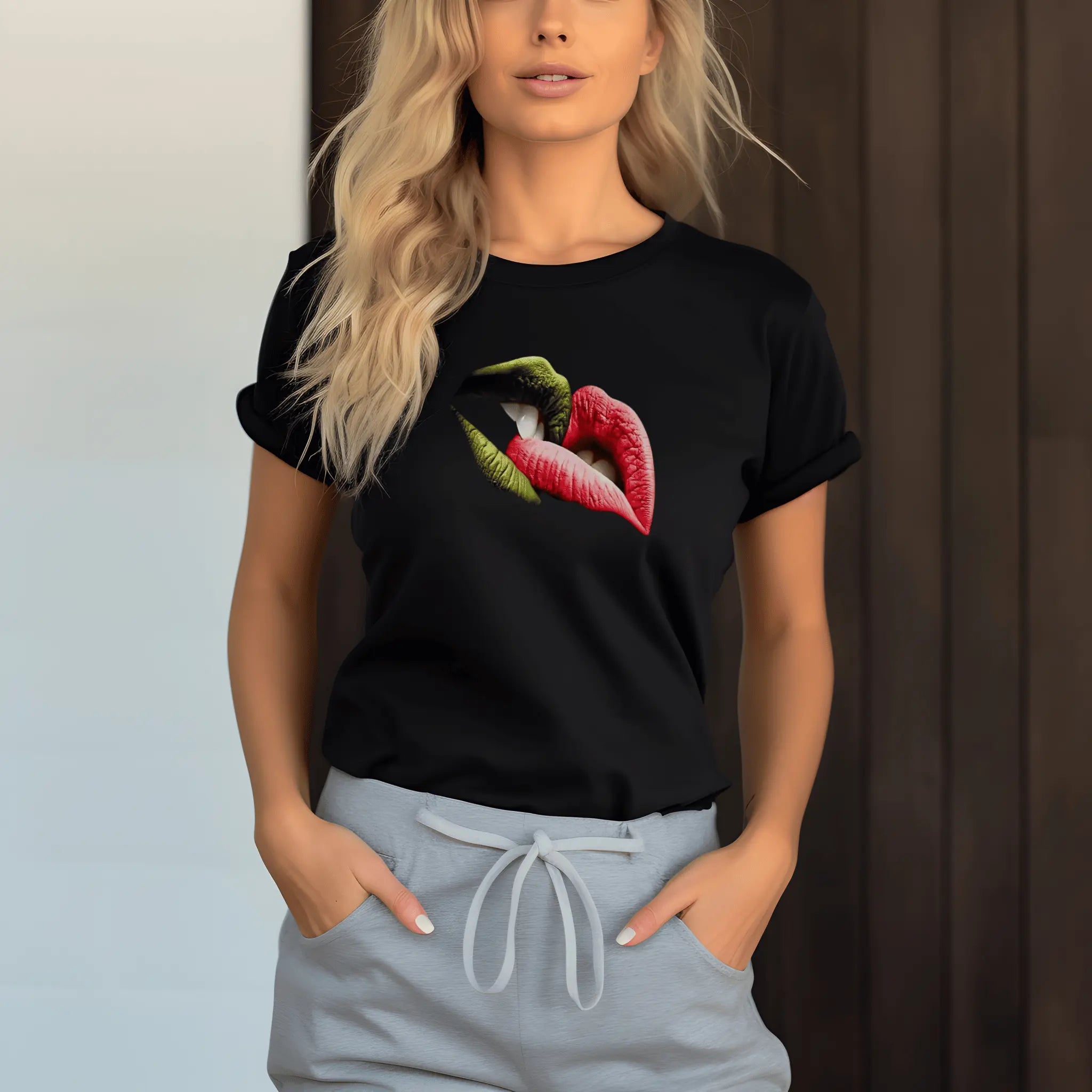 Color Kiss T-Shirt | Unisex Shirt mit sinnlichem Lippen - Design in Rot & Grün - ElmunoT-Shirt