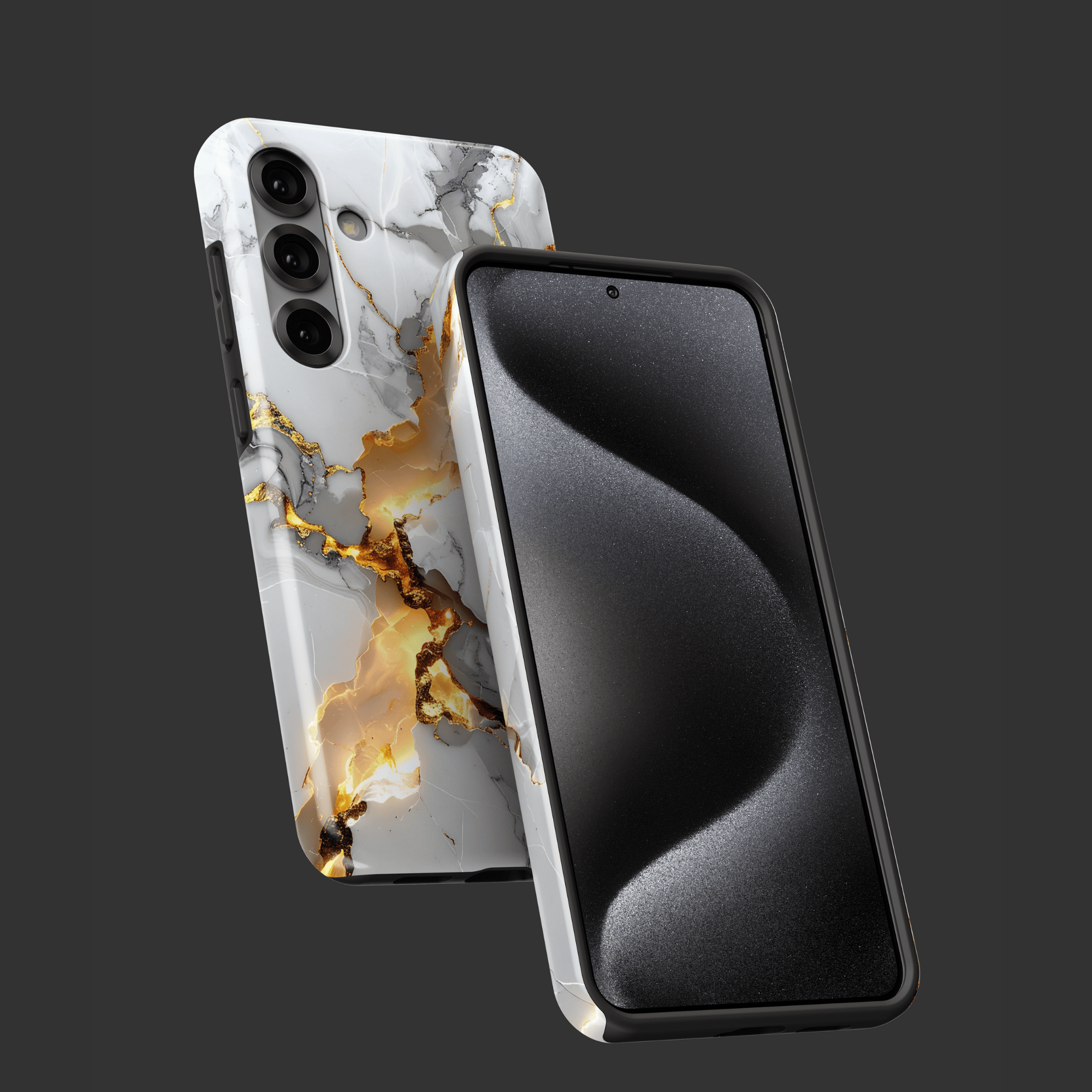 golden-fracture-handyhuelle-komplett-set – Vorder- und Rückseite der Handyhülle mit Dual-Layer-Aufbau aus PC und TPU.