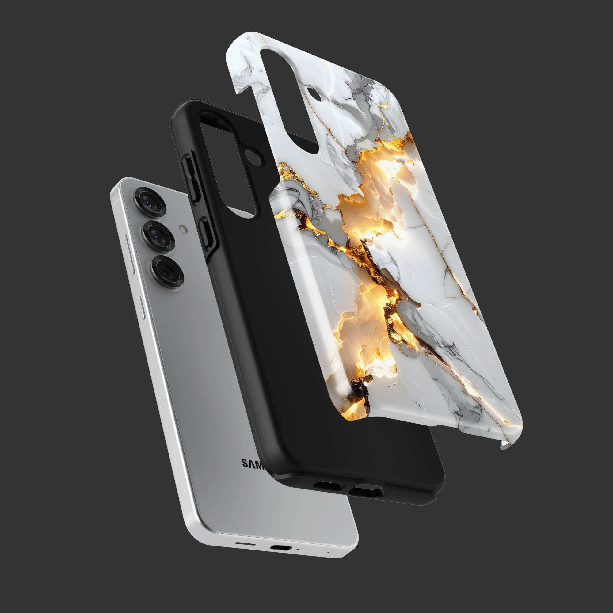 golden-fracture-handyhuelle-explosionsansicht – Schichtenaufbau der stoßfesten Hülle mit Innen- und Außenhülle.