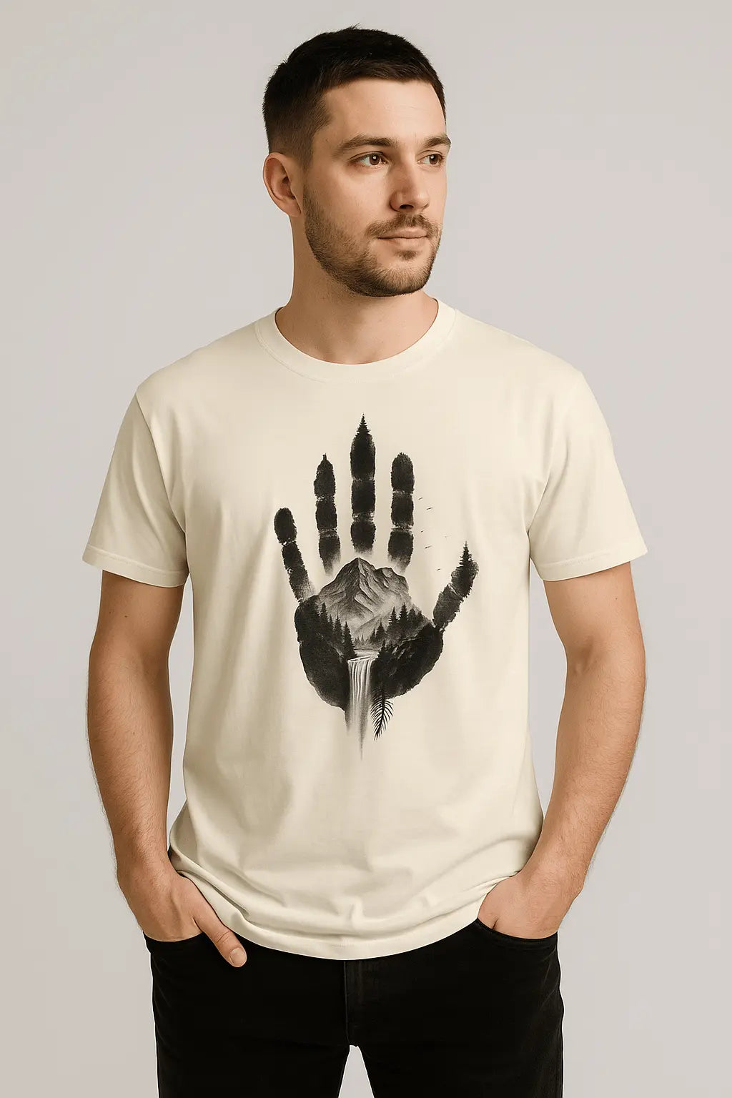 Natur T-Shirt mit Handabdruck & Bergmotiv – Unisex Bio - Shirt | Elmuno - ElmunoT-Shirt