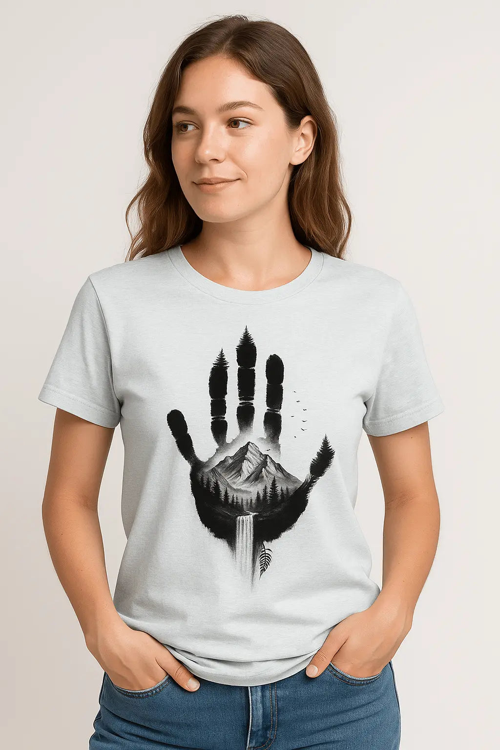 Natur T-Shirt mit Handabdruck & Bergmotiv – Unisex Bio - Shirt | Elmuno - ElmunoT-Shirt