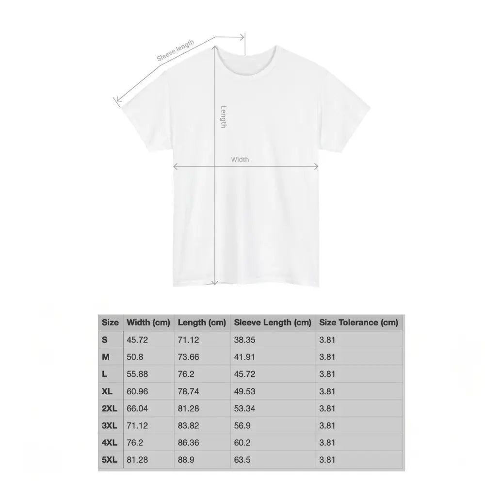 Größentabelle für das T-Shirt „Karma regelt das schon“ mit Maßen in Zentimetern für Größen S bis 5XL.