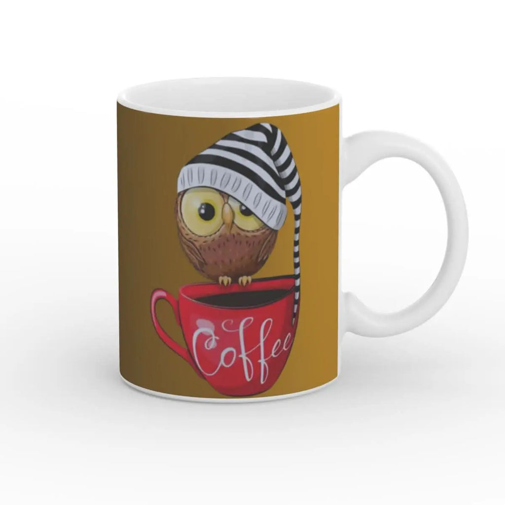 Weiße Kaffeetasse mit einer niedlichen Eule in Schlafmütze, perfekt für Kaffeeliebhaber und Morgenmuffel