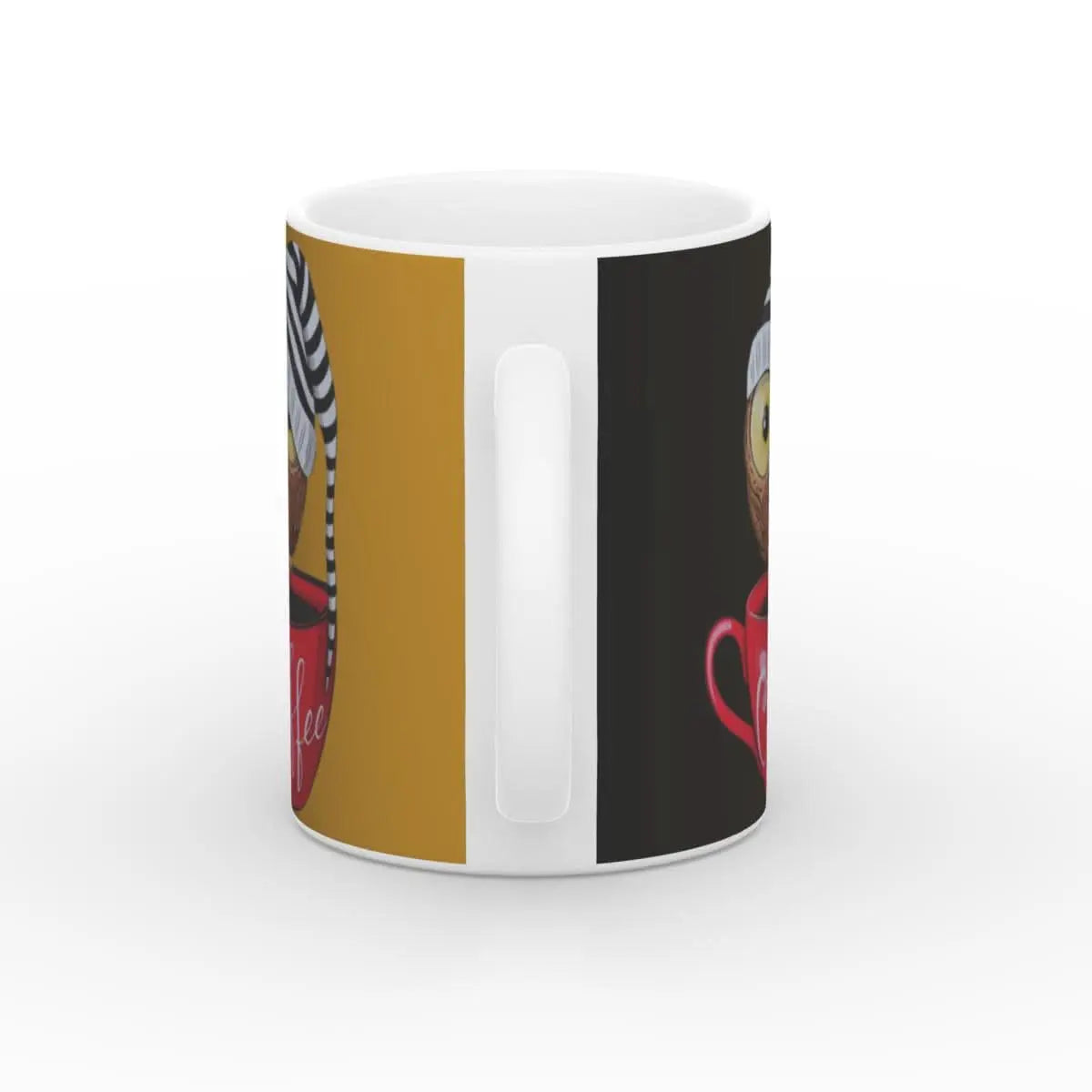 Rückansicht der Tasse mit dem Eulendesign, eine lustige und charmante Ergänzung für jeden Morgen.