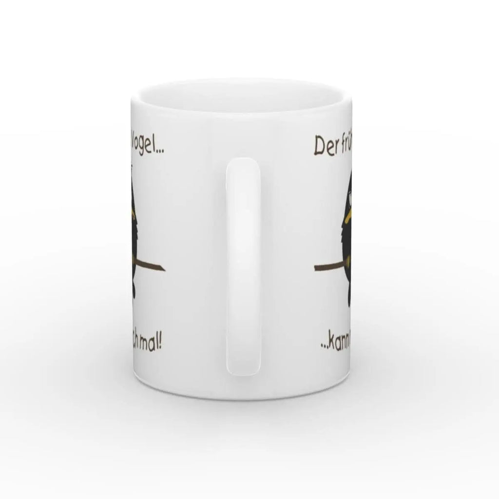 Rückansicht der Tasse mit Spruch und Vogelmotiv, ideal für alle, die morgens ein Statement setzen wollen.