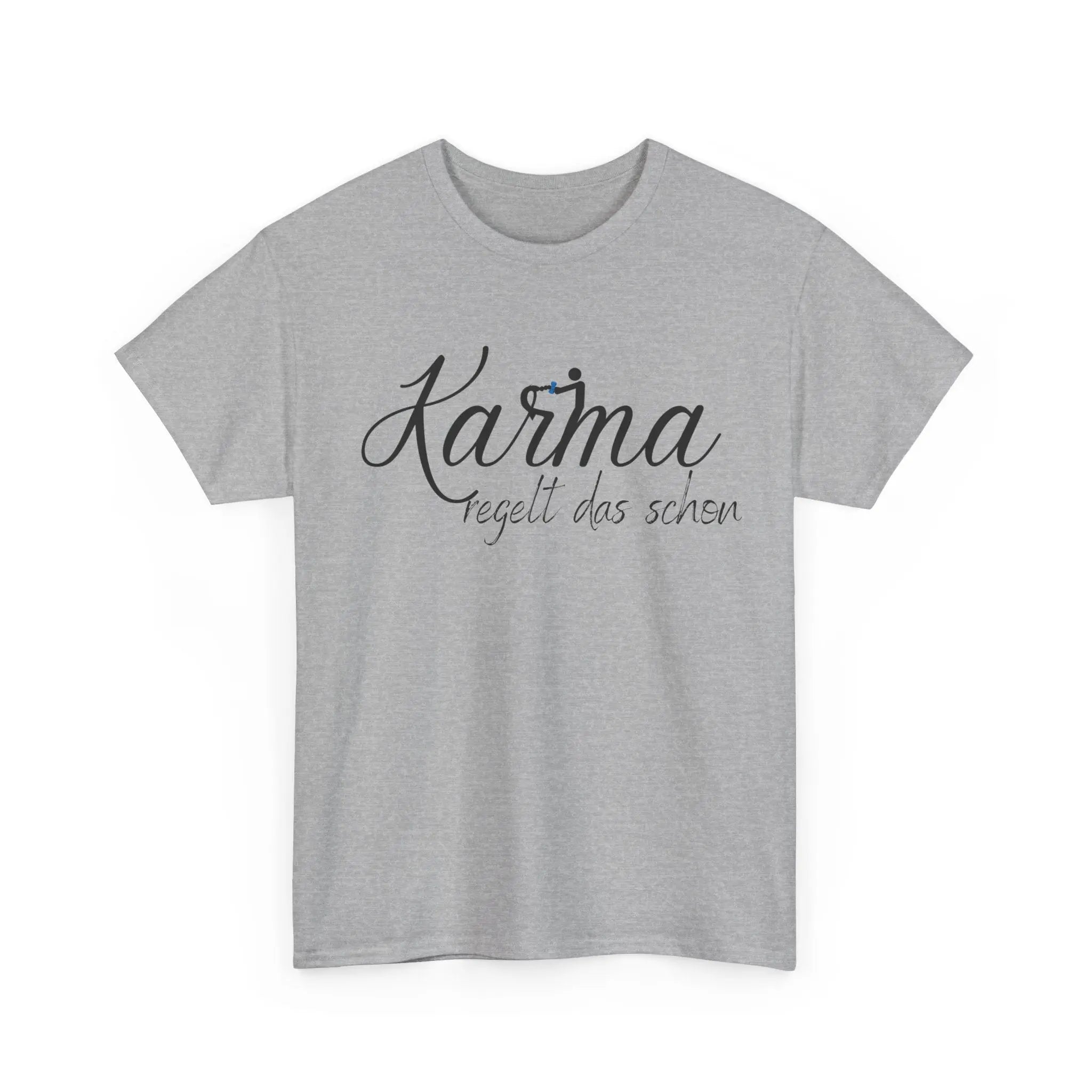 Graumeliertes Unisex-T-Shirt mit schwarzem „Karma regelt das schon“-Print.