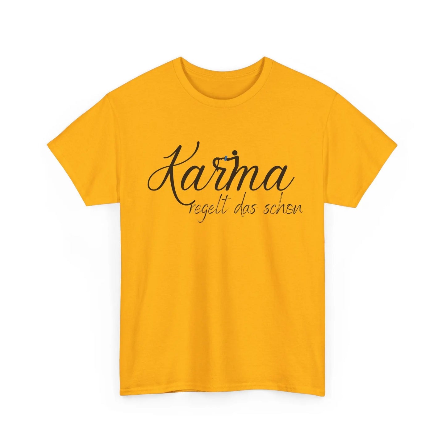 Gelbes Unisex T-Shirt mit schwarzem Schriftzug „Karma regelt das schon“.