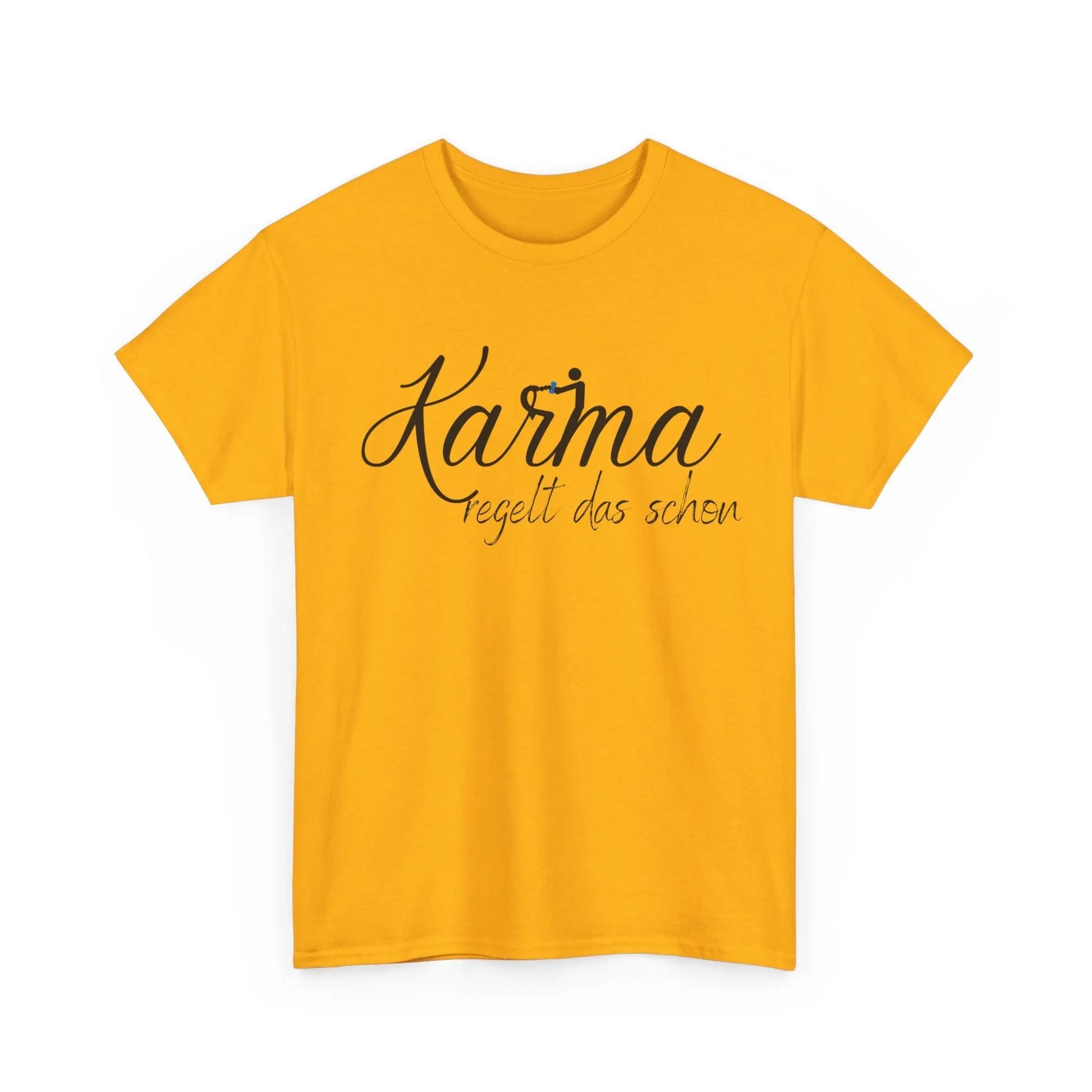 Gelbes Unisex T-Shirt mit schwarzem Schriftzug „Karma regelt das schon“.