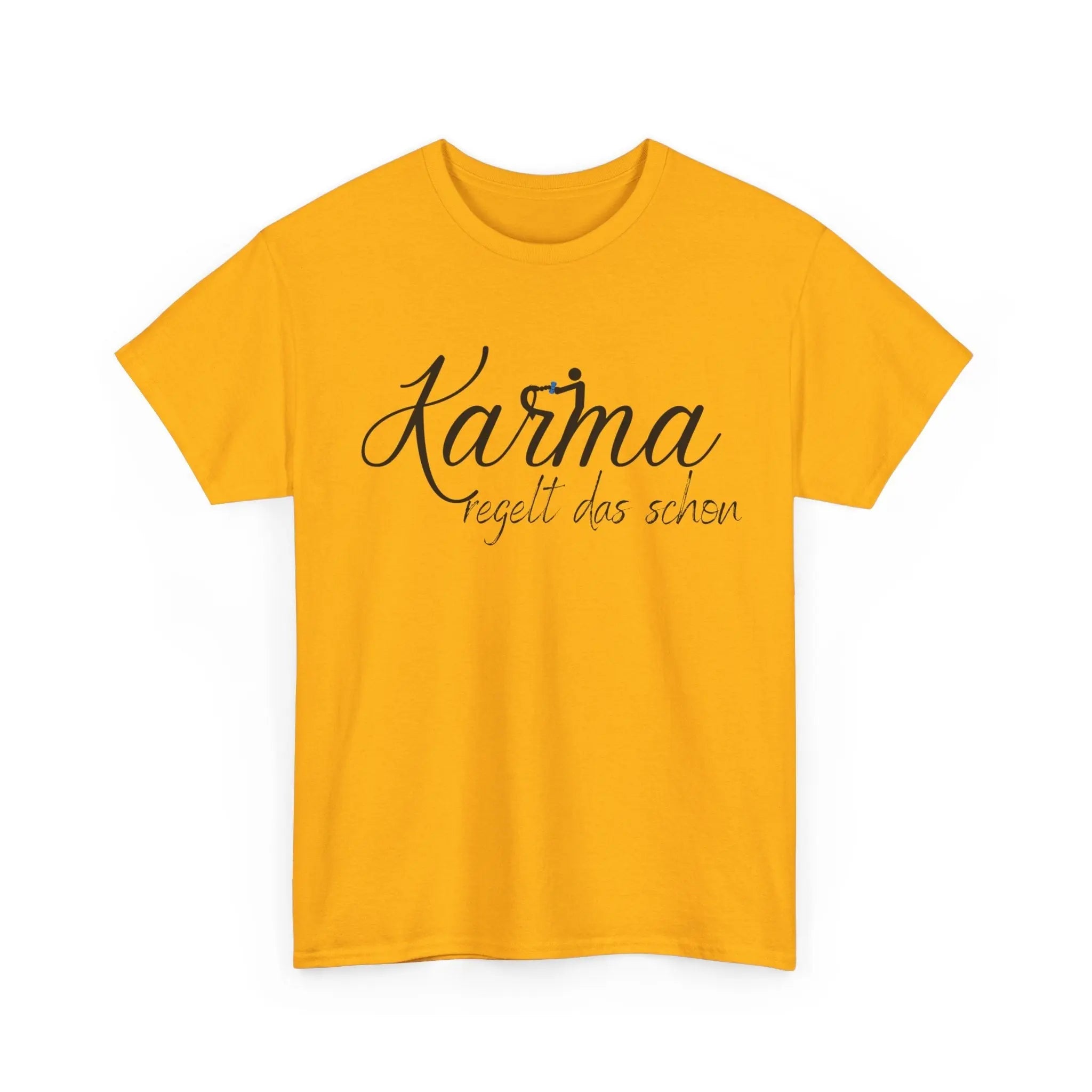Gelbes Unisex T-Shirt mit schwarzem Schriftzug „Karma regelt das schon“.