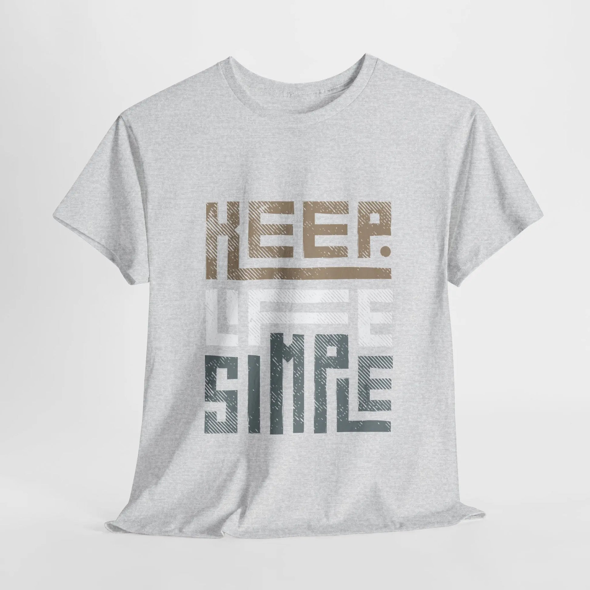Hellgraues "Keep Life Simple" T-Shirt flach ausgelegt mit stilisiertem Schriftzug.