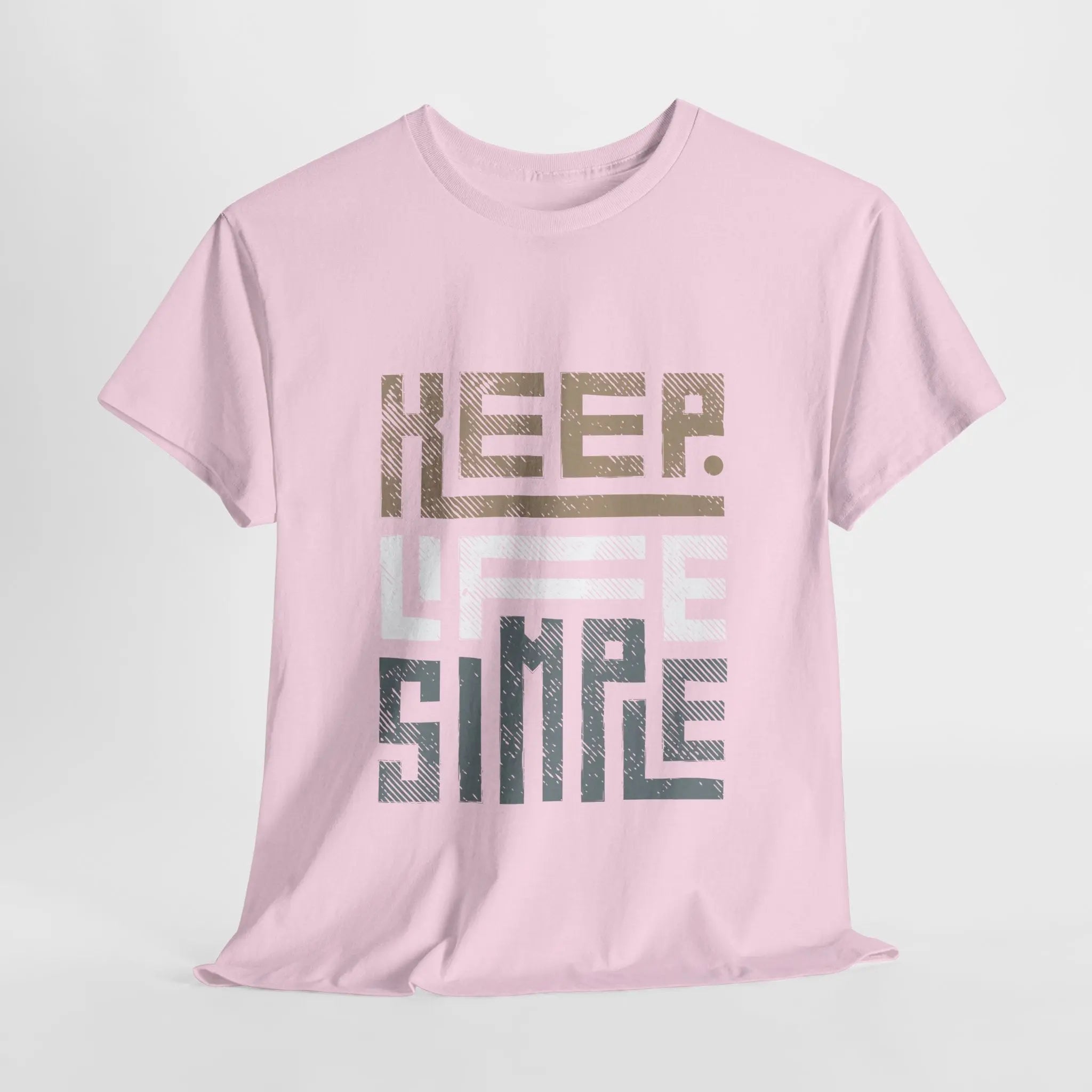 Hellrosa "Keep Life Simple" T-Shirt mit modernem Schriftzug-Design, flach ausgelegt.