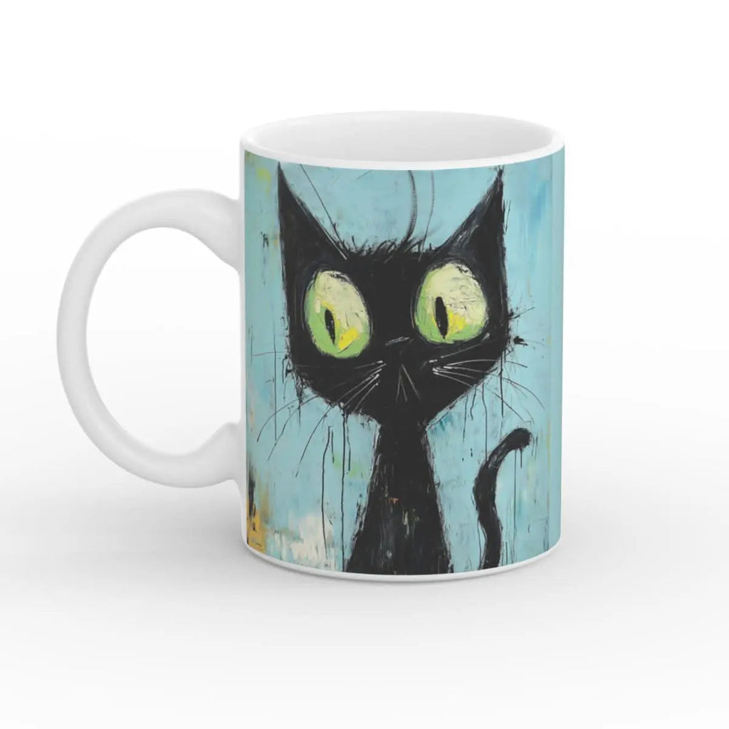 Kaffeetasse aus Keramik mit künstlerischem Katzenmotiv, schwarze Katze mit großen gelb-grünen Augen auf blauem Hintergrund, 11oz Tasse mit glänzendem Finish.