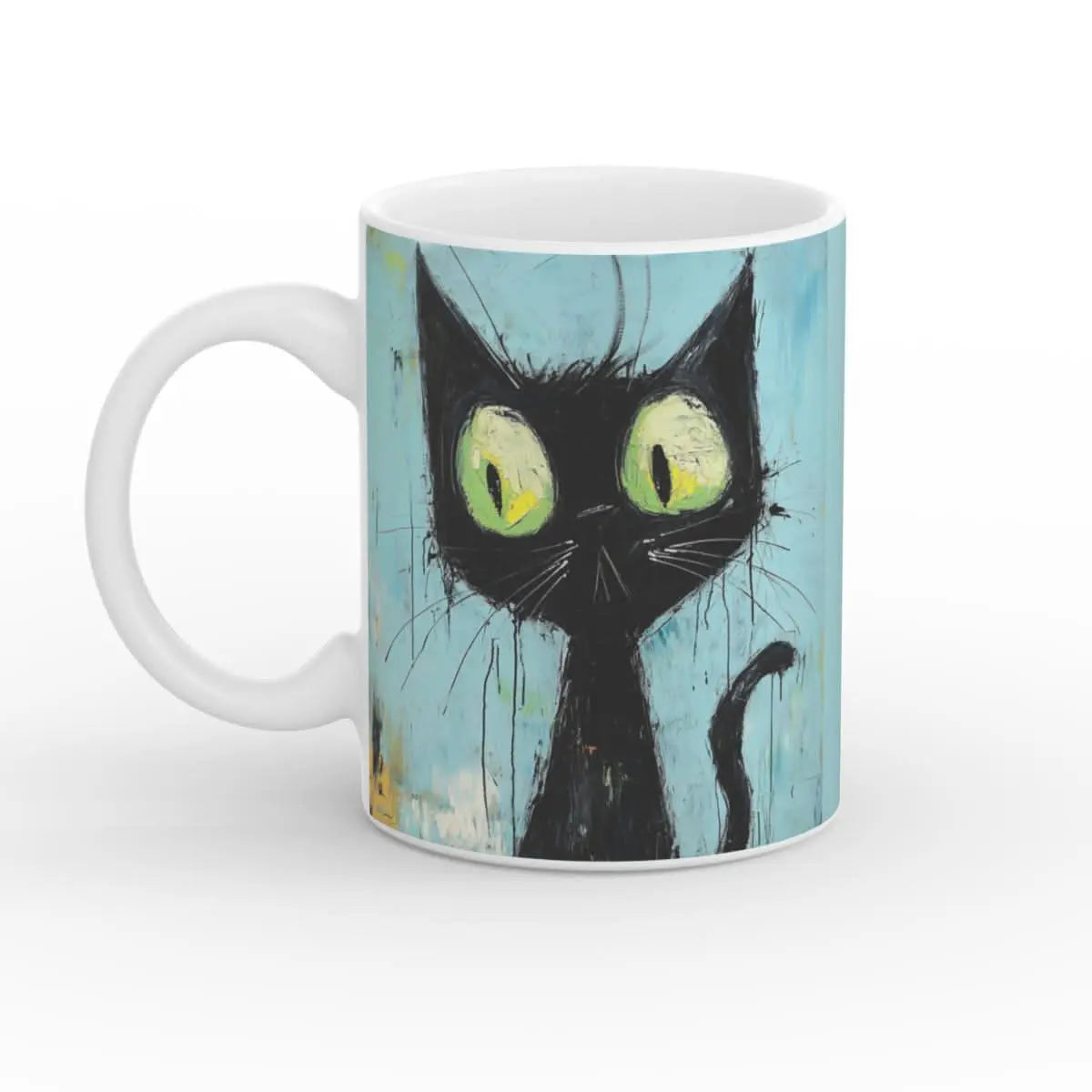 Kaffeetasse aus Keramik mit künstlerischem Katzenmotiv, schwarze Katze mit großen gelb-grünen Augen auf blauem Hintergrund, 11oz Tasse mit glänzendem Finish.