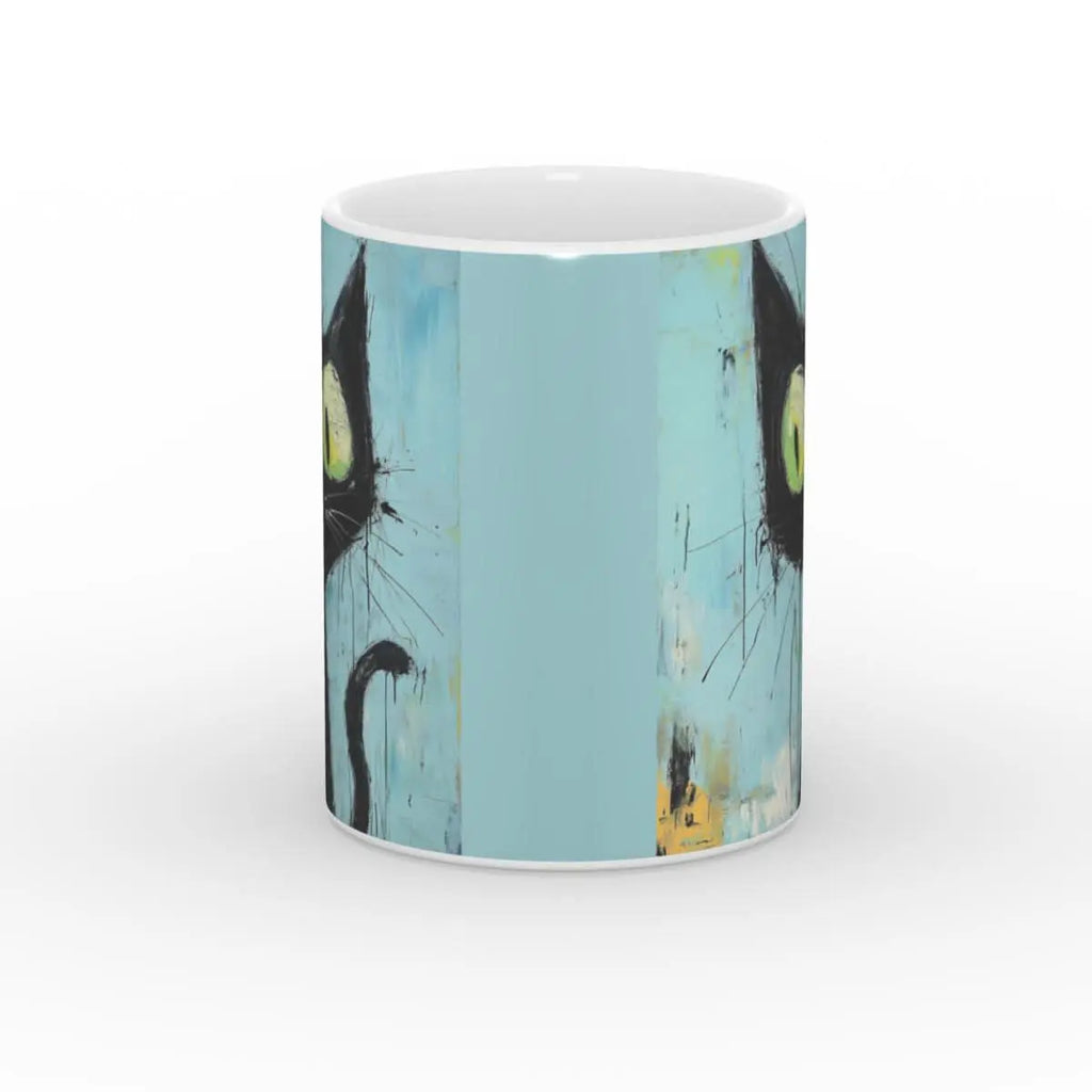 Seitenansicht einer Keramik-Kaffeetasse mit künstlerischem Katzenmotiv, schwarze Katze auf blauem Hintergrund, 11oz Tasse mit glänzendem Finish