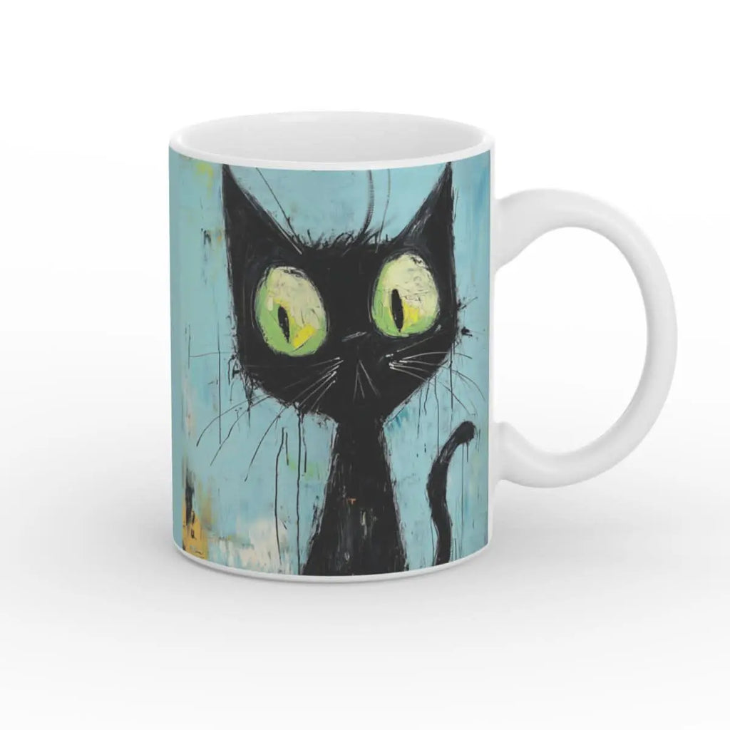 Keramik-Kaffeetasse mit künstlerischem Katzenmotiv, schwarze Katze mit großen gelb-grünen Augen auf blauem Hintergrund, 11oz Tasse, glänzendes Finish