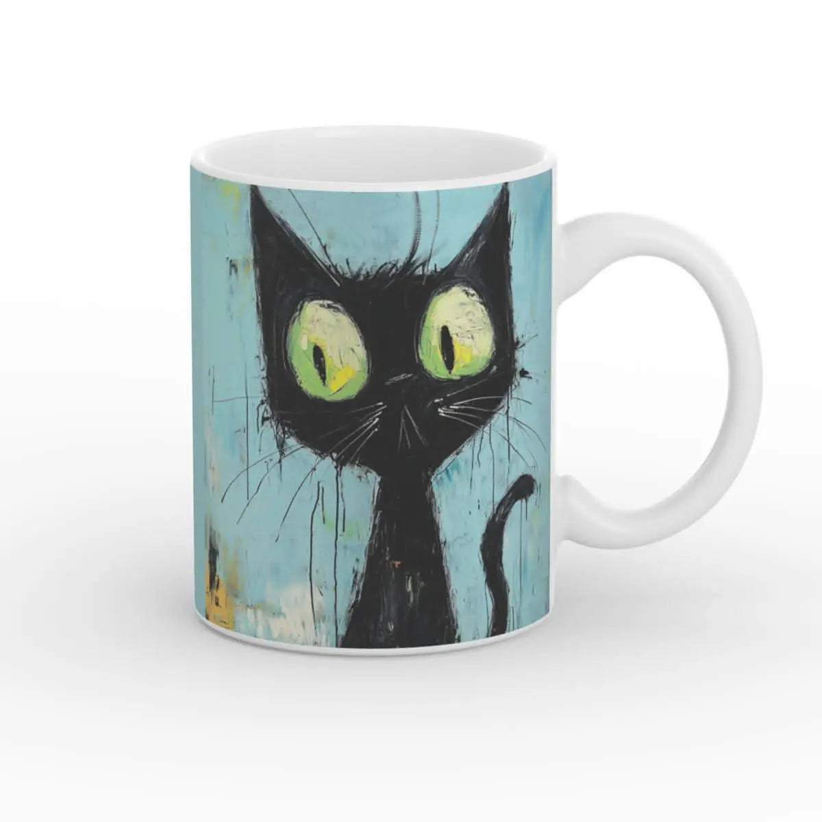 Keramik-Kaffeetasse mit künstlerischem Katzenmotiv, schwarze Katze mit großen gelb-grünen Augen auf blauem Hintergrund, 11oz Tasse, glänzendes Finish