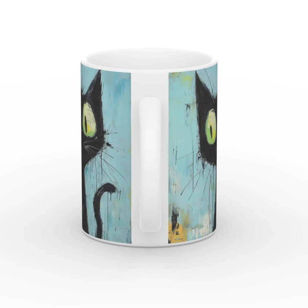 Rückansicht einer Keramik-Kaffeetasse mit künstlerischem Katzenmotiv, schwarze Katze auf blauem Hintergrund, 11oz Tasse mit glänzendem Finish, einzigartiges Design