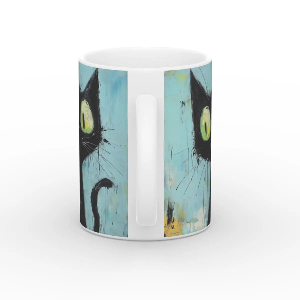 Rückansicht einer Keramik-Kaffeetasse mit künstlerischem Katzenmotiv, schwarze Katze auf blauem Hintergrund, 11oz Tasse mit glänzendem Finish, einzigartiges Design