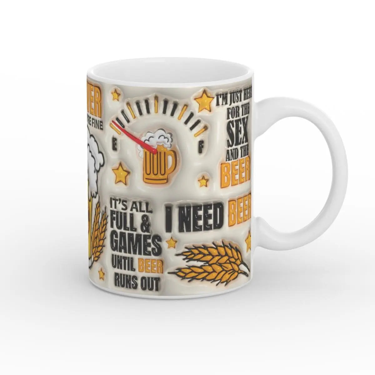 Bier-Tasse mit witzigem Zitat „I need beer“ und stilisiertem Bier-Thermometer.