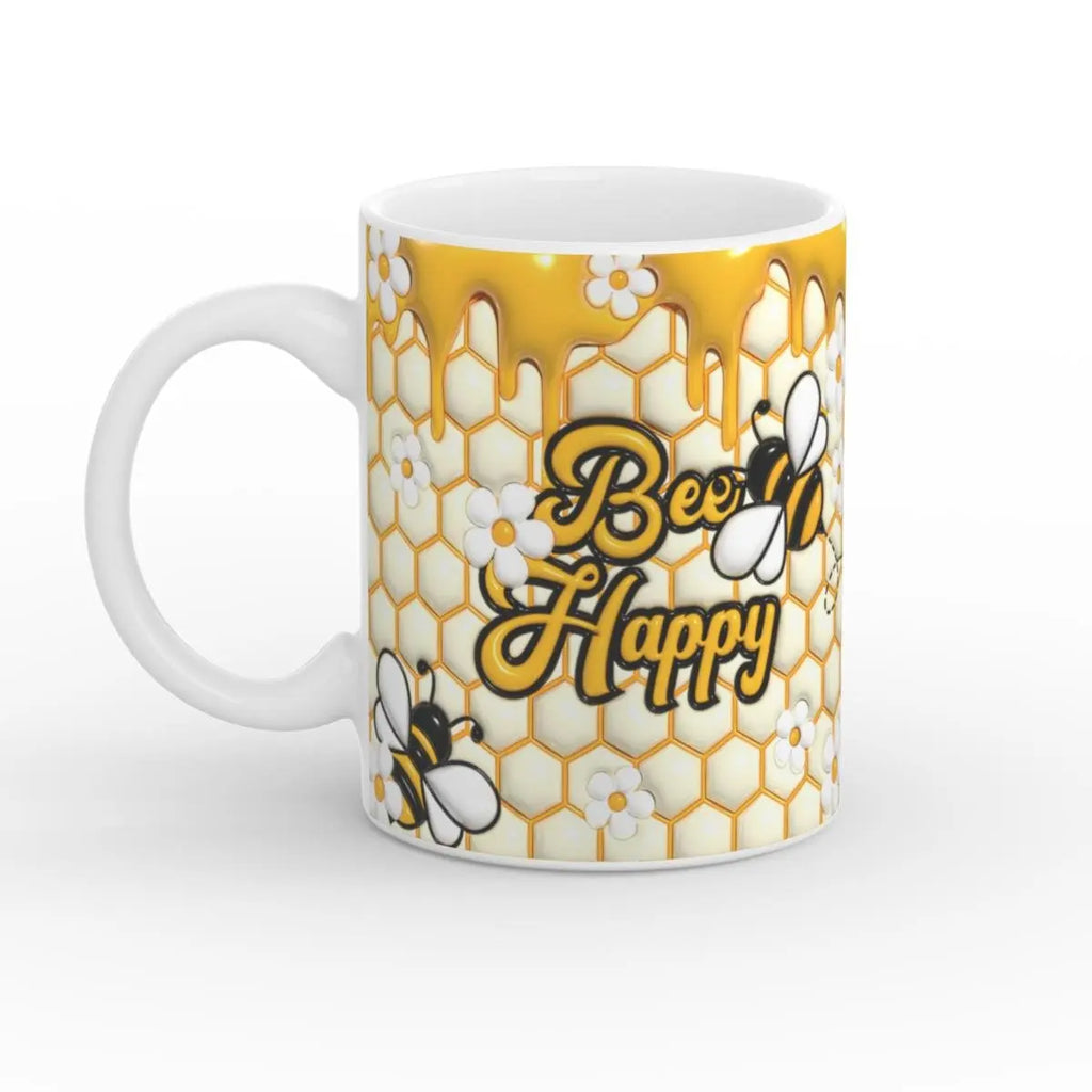 Weiße Kaffeetasse mit Honigwaben-Design, niedlichen Bienen und der Aufschrift ‚Bee Happy